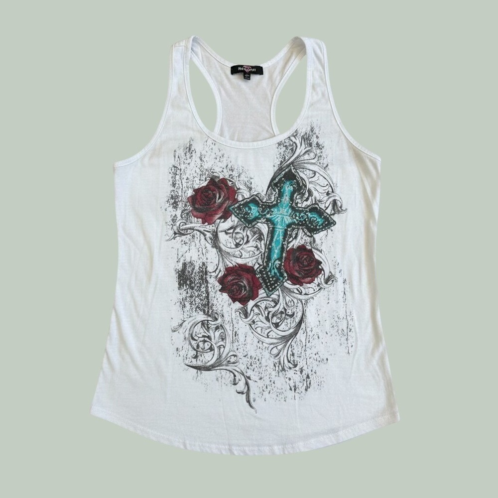 Ransom Womens White Graphic Tank Top Turquoise Cross Roses Rhinestones Small